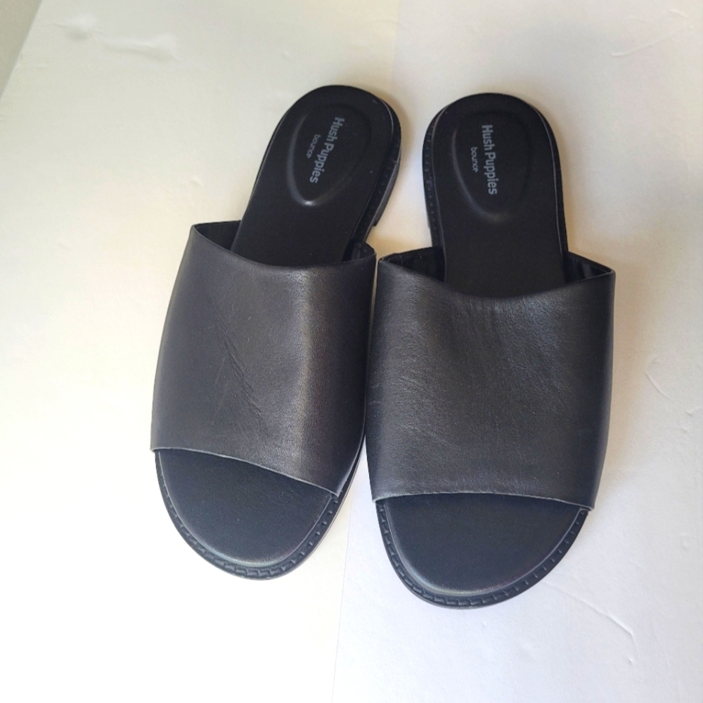 Hush Puppies Women Black Leather Slide Sandals Size 7